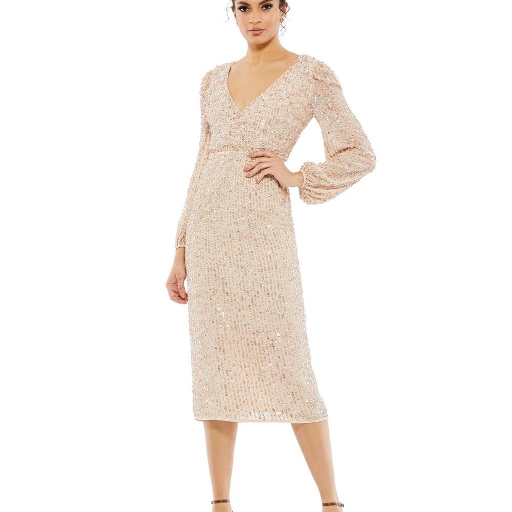 Mac Duggal 107641 Sequined Illusion Puff Long Sleeve V Neck Midi Tea Length 6